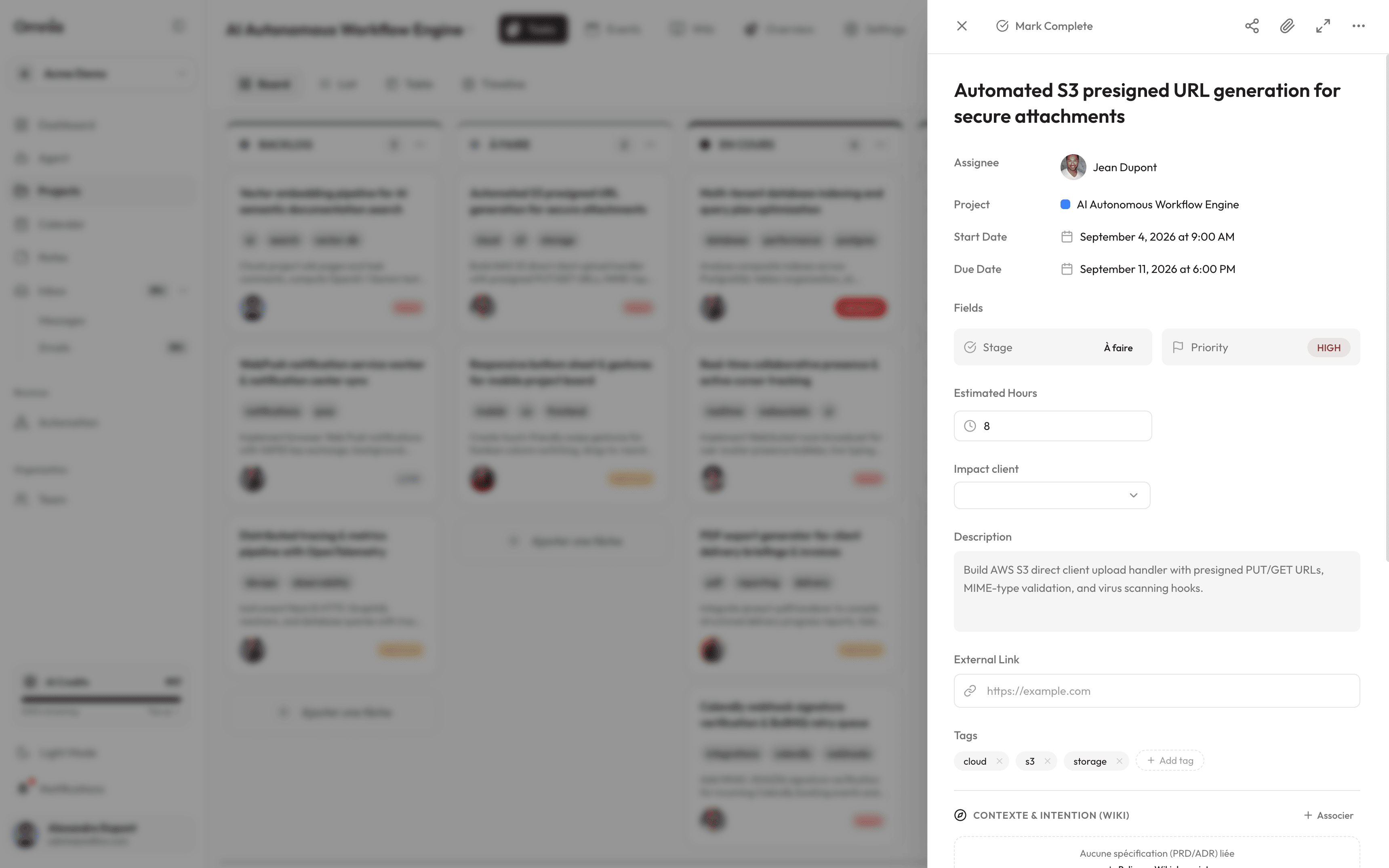 Detailed task modal view